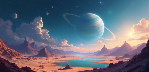 Wall Mural -  An artist's impression of a planet in the middle of a desert