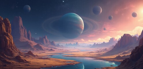Wall Mural - an alien landscape with planets and a river in the foreground