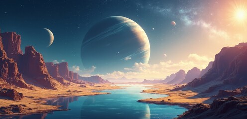 Wall Mural - A view of a desert landscape with a river in the middle of it
