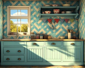 Wall Mural - Sunny kitchen with blue cabinets, tiled walls, and a window overlooking a green garden.