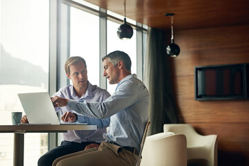 Aufkleber - Business, men and meeting with laptop at office for advice, consultation and discussion on investment opportunities. Corporate, people and employees on website with report or feedback on share value