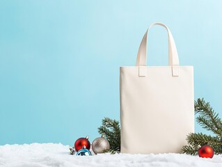 Wall Mural - Minimal blank tote bag, standing upright in the snow, with Christmas baubles, pine branches, and holiday lights nearby