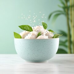 White dumplings in a blue bowl with sesame seeds and basil leaves.