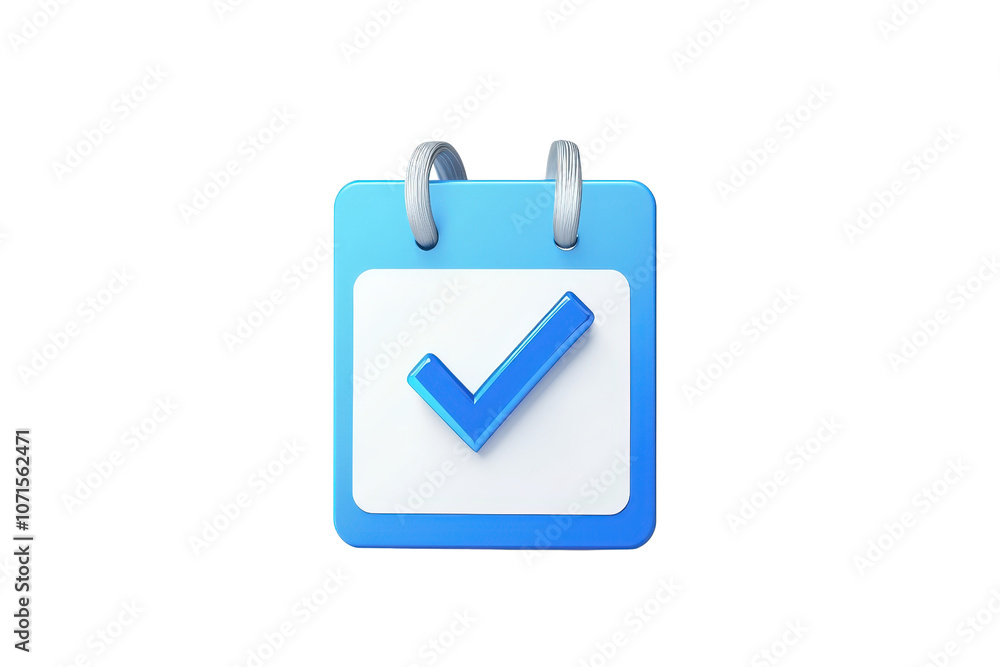 3D render of a blue calendar icon with a checkmark symbol, representing ...