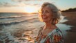 © Sintrax - Joyful Senior Woman Smiling by the Beach at Sunset in Floral Dress