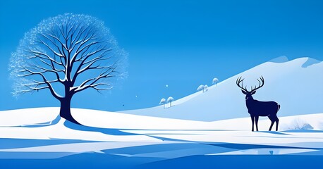 Wall Mural - Abstract minimalist winter scene with a single, sharp silhouette of a deer and of a snow-covered tree on a vast, white canvas