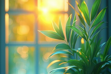 Wall Mural - Green Plant Leaves in Front of a Window with Sun Shining Through