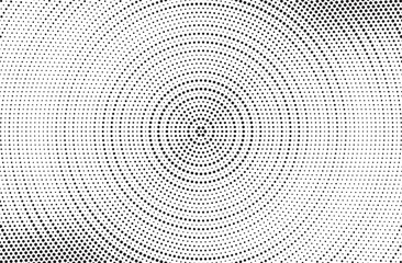 Poster - Radial halftone gradient background. Dotted concentric texture with fading effect. Black and white circle shade wallpaper. Grunge rough vector. Monochrome backdrop