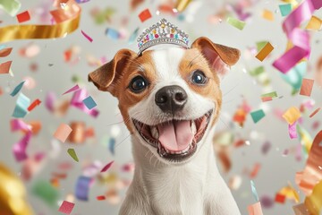 Wall Mural - Pet streamers and confetti for a New Year celebration concept. A cheerful dog wearing a crown smiles amid colorful confetti, creating a festive and joyful atmosphere