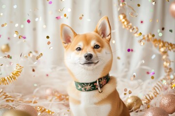 Wall Mural - Pet streamers and confetti for a New Year celebration concept. A cheerful Shiba Inu poses amidst festive decorations and confetti, radiating joy in a lively atmosphere