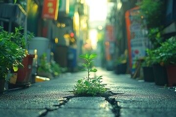 Wall Mural - A Small Plant Growing Through Cracks in a Sidewalk in an Urban Setting