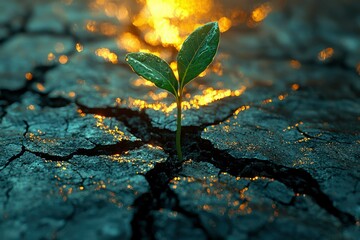 Wall Mural - A Single Plant Sprouting Through Cracked Earth with Golden Bokeh