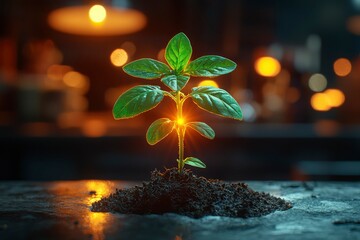 Wall Mural - A Single Green Sprout Emerges from Dark Soil with a Glowing Light Behind it