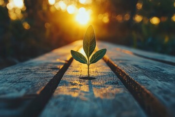 Wall Mural - A Young Sprout Emerging Through Wooden Planks at Sunset