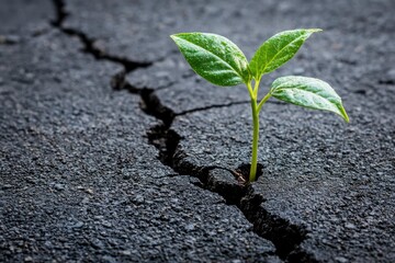 Wall Mural - A Single Green Plant Sprouting Through a Crack in Asphalt