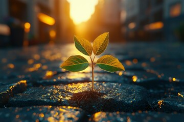 Wall Mural - A Single Sprout Growing Through Cracks in a Cobblestone Street at Sunset