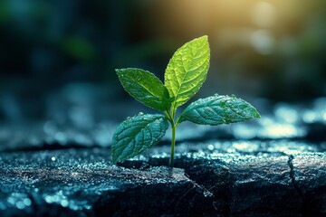 Wall Mural - A Small Green Plant Sprouting Through Cracked Soil With Dew Drops