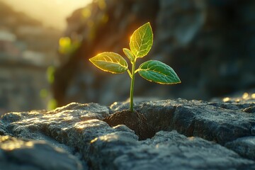 Wall Mural - A Single Sprout Emerges from the Cracks of a Stone Wall