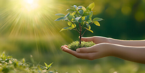 Wall Mural - environment Earth Day In the hands of trees growing seedlings. Bokeh green Background Female hand holding tree on nature field grass Forest conservation concept