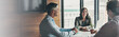 © peopleimages.com - Office, meeting and banner with discussion and corporate lawyer planning for case. Collaboration, teamwork and our vision with conversation, desk and law firm agenda in morning with management