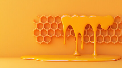 A vibrant display of dripping honey against a honeycomb backdrop, showcasing rich yellow tones and a smooth, glossy texture.