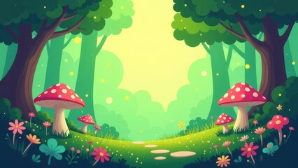 Fototapete - A forest scene with a path and a bunch of mushrooms