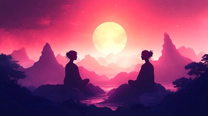 Wall Mural - two women meditate in a surreal landscape with mountains, a full moon, and a starry sky.