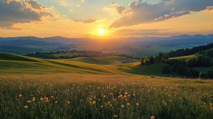 Wall Mural - golden sunset over rolling hills and wildflowers in a serene landscape during late spring in the cou