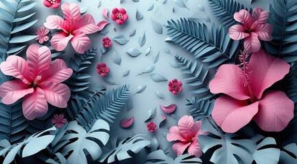 Canvas Print - White and pink geometric floral leaves 3d special effects wall texture, floral background illustration 