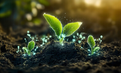 Wall Mural - Emerging plant with digital eco concepts on fertile soil