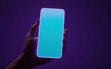 Wall Mural - A close-up mockup of a hand holding a white smartphone with a glowing light blue screen, on a dark purple background