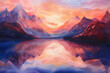 © Niko - majestic peaks at sunset: a vibrant reflection of harmony and tranquility. generative ai