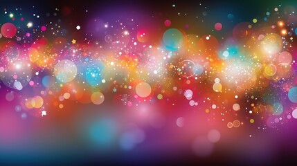 Poster - Festive abstract background with vibrant colorful lights, bokeh effect, and sparkles for a celebration or party banner. Glittering stars and glowing light effects on a dark backdrop create a captivati