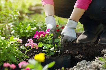 Wall Mural - Gardener planting flowers in the garden, close up photo.