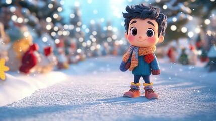 Wall Mural - A 3D cartoon character wearing hand-knitted winter boots in cozy wool, standing on a snowy path. The background features blurred winter accessories like scarves and gloves