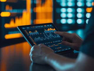 Person analyzing data on a tablet with graphical visualizations and digital displays in a modern workspace.