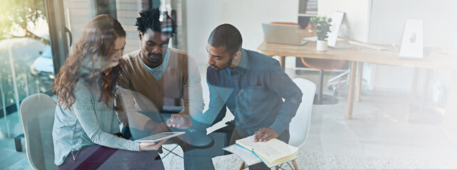 Leinwandbilder - Business people, design and window with tablet on banner for project collaboration or meeting at office. Group, creative designer or employees on technology for company strategy or ideas at workplace