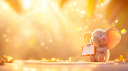 Poster - charming illustration of elephant holding blank sign in warm, golden environment. scene is filled with soft light and gentle autumn leaves, creating whimsical and joyful atmosphere
