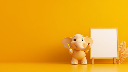 Poster - Cute cartoon elephant holding pencil beside blank frame on bright yellow background, perfect for children themes and playful designs
