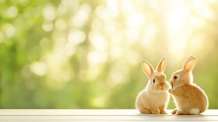 Poster - Cute bunnies sitting together in serene outdoor setting, surrounded by soft sunlight and greenery, creating peaceful and heartwarming atmosphere