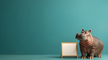 Poster - adorable hippopotamus stands beside blank chalkboard against teal background, creating playful and whimsical atmosphere