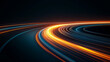 © KM - Dynamic light trails create mesmerizing effect as they twist and merge, showcasing vibrant colors against dark background. interplay of orange and blue evokes sense of motion and energy