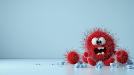 Aufkleber - Playful red virus character with fluffy texture and expressive eyes, surrounded by blue particles, creating fun and whimsical atmosphere