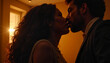 © Elenba - Silhouette of romantic couple about to kiss in warm indoor lighting with sunset glow