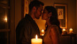 © Elenba - Romantic couple sharing an intimate kiss surrounded by candlelight in cozy indoor setting