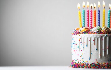 The vibrant birthday cake topped with multicolored frosting and bright candles The cake is centered