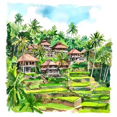 Wall Mural - Watercolor painting of tropical houses in Bali, Indonesia.