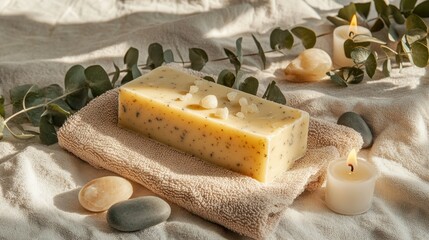 Wall Mural - A bar of organic soap on a spa towel, garnished with eucalyptus leaves, stones, and candles, evoking a serene spa experience.