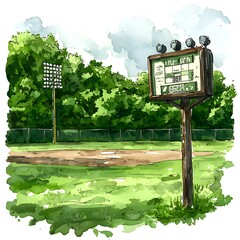 Sticker - Watercolor Illustration of a Baseball Field with a Scoreboard.