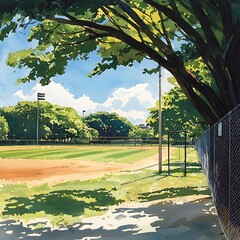 Wall Mural - A Watercolor View of a Baseball Field Through Trees.